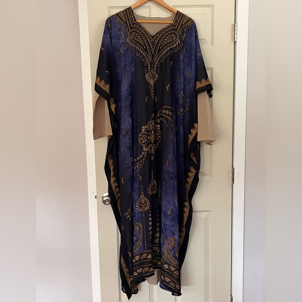 Artisan Navy Gold Beaded Kaftan Maxi Dress Boho Luxe Resort Wear OS